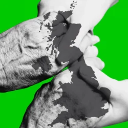 Critical State of UK Home Care. Map of UK with hands holding.