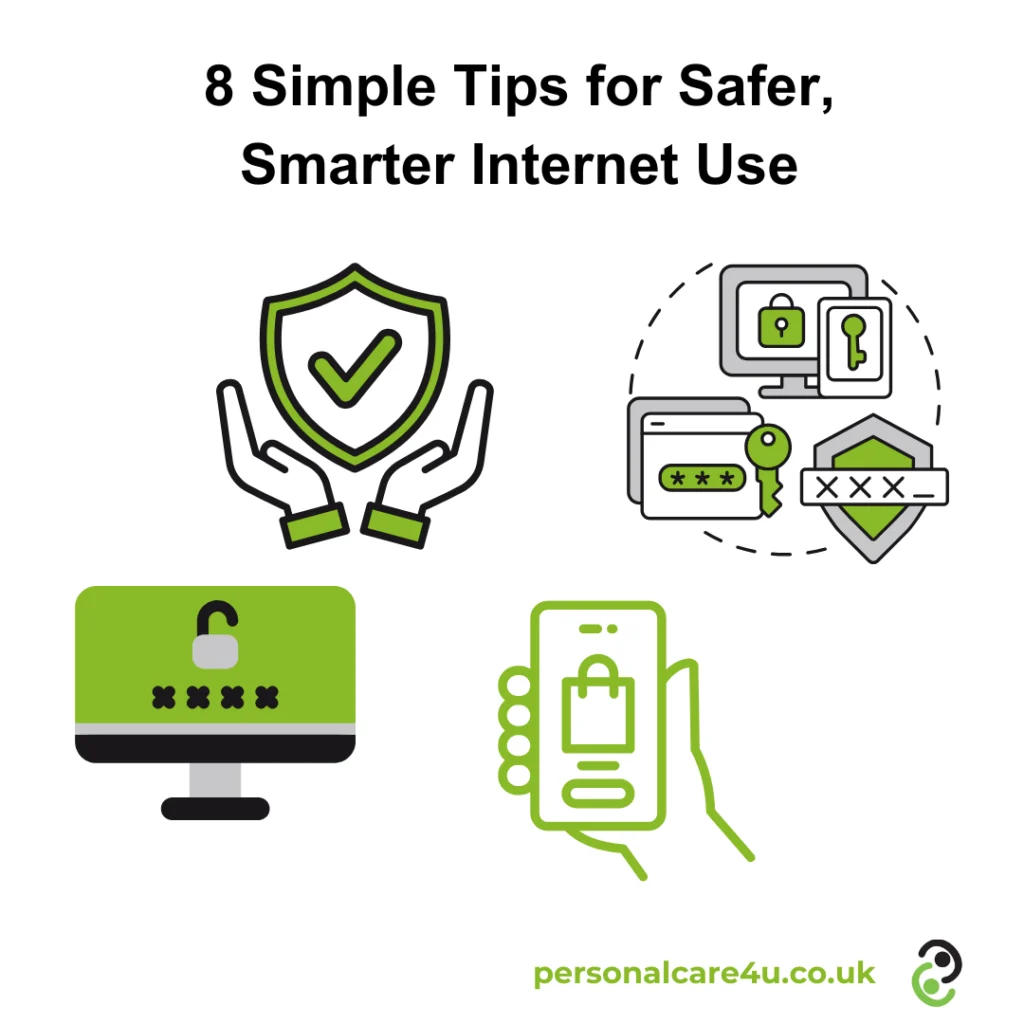 An image for Safer Internet Day 2026. 8 Simple Tips for Safer Smarter Internet Use. images of verification on laptops, mobiles and screens.