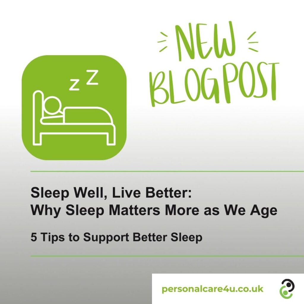 5 tips to support better sleep. Sleep advice to support older people. A bed with a person sleeping on it