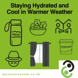 stay hydrated and cool in warmer weather. Showing water, sala, hat, close curtains and yoghurt.